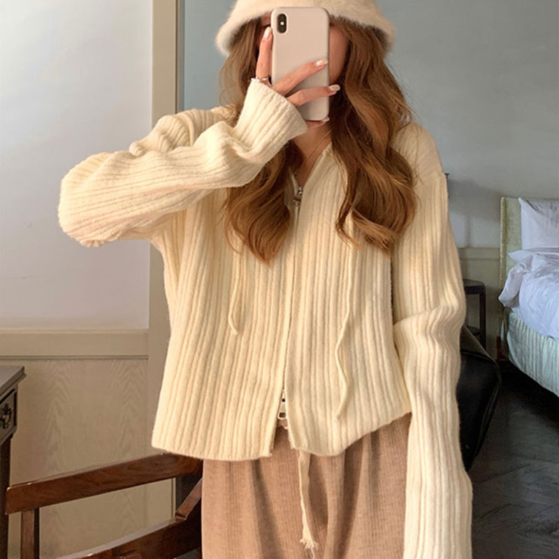 ニット レディース カーディガン トップス 長袖 フード付き おしゃれ カジュアル シンプル ゆったり 春秋コーデ ジップアップ 