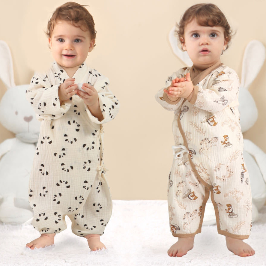 赤ちゃん カバーオール ベビー 甚平 ロンパース ガーゼ 写真撮影 出産祝い 退院 可愛い ベビー服 パンダ おしゃれ 浴衣 お宮参り 長袖 新生児 出産準備 パジャマ