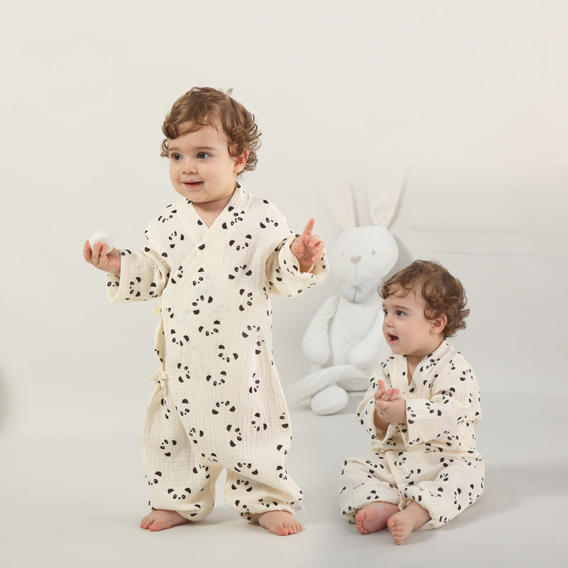 赤ちゃん カバーオール ベビー 甚平 ロンパース ガーゼ 写真撮影 出産祝い 退院 可愛い ベビー服 パンダ おしゃれ 浴衣 お宮参り 長袖 新生児 出産準備 パジャマ