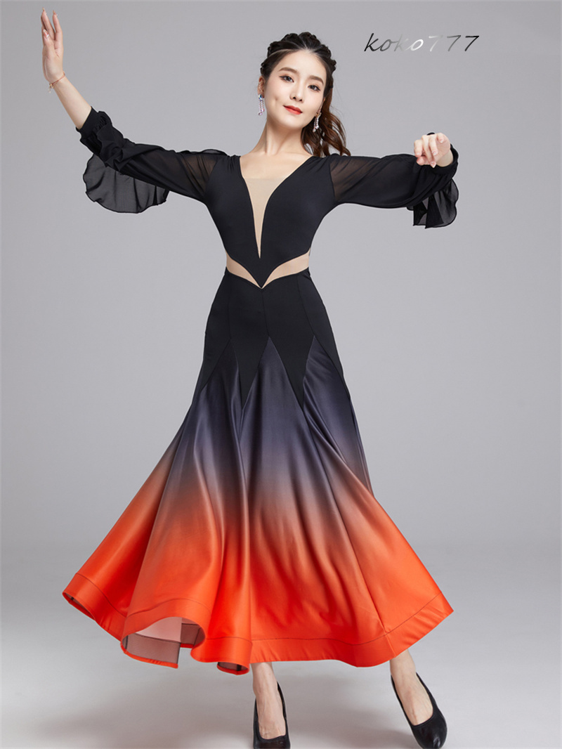 ロングドレス レディース ワンピース ラテンダンス フリル パーティー 公演 発表会 洋服 舞台衣装 部活 モダンダンス ワルツ グラデーション ナショナルダンス 