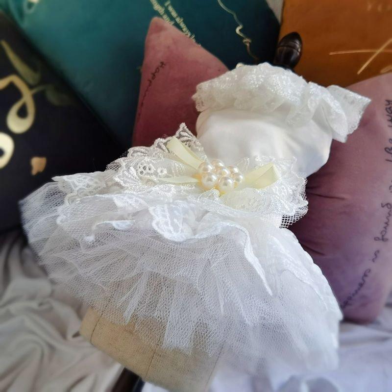 ドッグウェア 犬用 小型犬 ペット用品 ウエディングドレス レース リボン フ 刺繍 フリル 結婚式 きれいめ メッシュ リングドッグ フェイクパール 