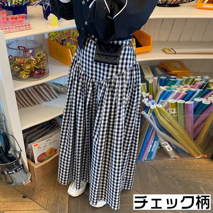 ロングスカート レディース マキシ丈 ロング丈 スカート ハイウエスト 秋 冬 チェック柄 ウエストゴム 無地 ボ体型カバー 