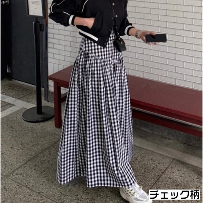 ロングスカート レディース マキシ丈 ロング丈 スカート ハイウエスト 秋 冬 チェック柄 ウエストゴム 無地 ボ体型カバー 