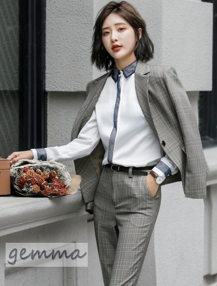 送料無料 パンツスーツ ジャケット セットアップ フォーマル スーツ オシャレ 大きいサイズ 通勤 オフィス 事務服 パンツセット ビジネス就活 チェック柄 