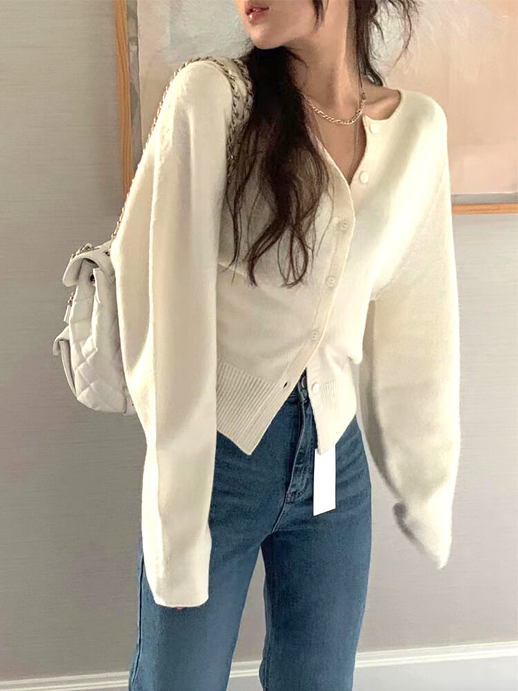 カーディガン レディース 韓国 ニット ショート丈 バイアシンメトニットカーディガン トップス 長袖 かわいい ゆったり エレ 