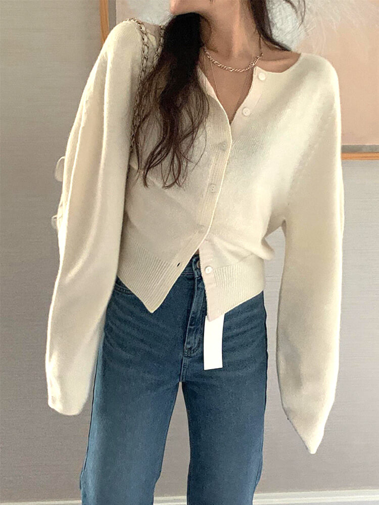 カーディガン レディース 韓国 ニット ショート丈 バイアシンメトニットカーディガン トップス 長袖 かわいい ゆったり エレ 