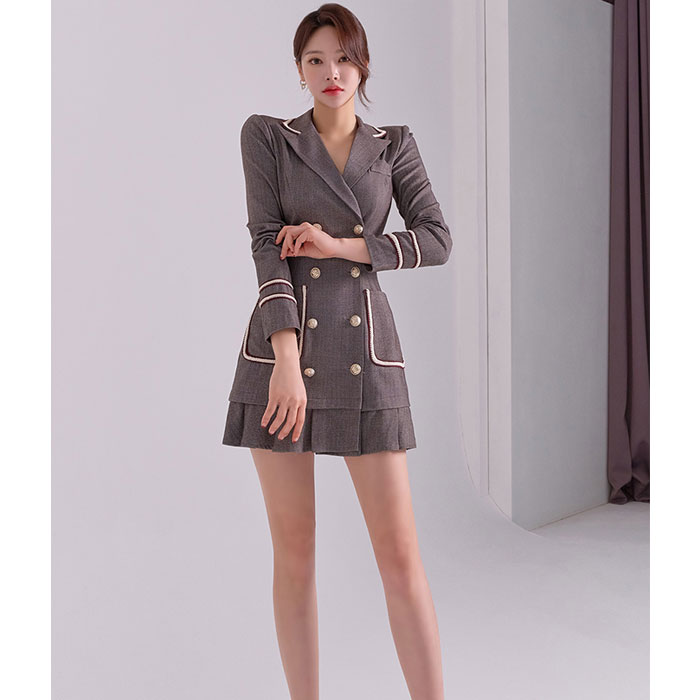 襟付きカシュクール胸元 ダブルボタンスーツ風ショートワンピース グレー キャバ スナック 服 韓国 レディース 