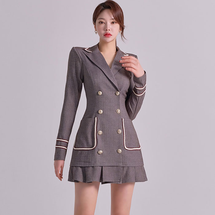 襟付きカシュクール胸元 ダブルボタンスーツ風ショートワンピース グレー キャバ スナック 服 韓国 レディース 