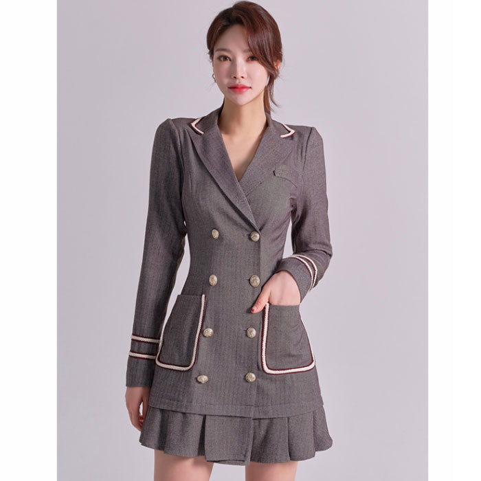襟付きカシュクール胸元 ダブルボタンスーツ風ショートワンピース グレー キャバ スナック 服 韓国 レディース 