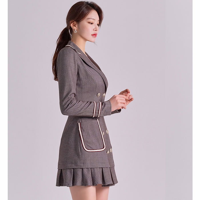 襟付きカシュクール胸元 ダブルボタンスーツ風ショートワンピース グレー キャバ スナック 服 韓国 レディース 