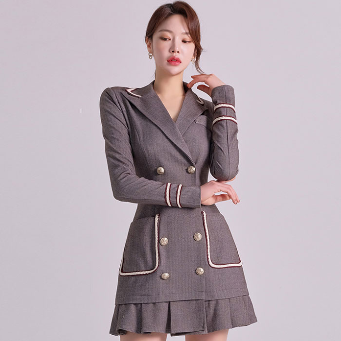 襟付きカシュクール胸元 ダブルボタンスーツ風ショートワンピース グレー キャバ スナック 服 韓国 レディース 