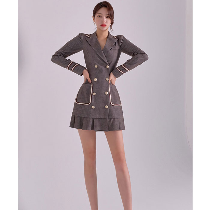 襟付きカシュクール胸元 ダブルボタンスーツ風ショートワンピース グレー キャバ スナック 服 韓国 レディース 