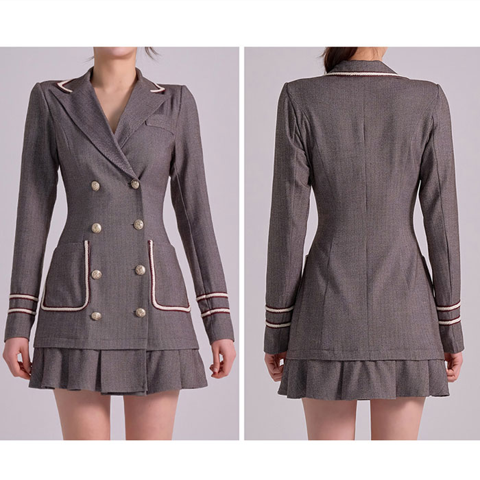 襟付きカシュクール胸元 ダブルボタンスーツ風ショートワンピース グレー キャバ スナック 服 韓国 レディース 