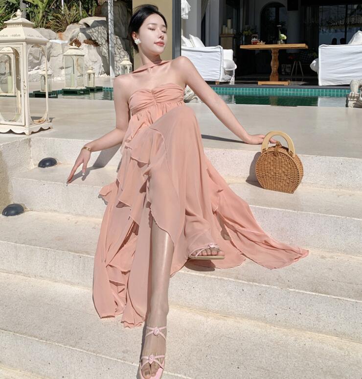 レディース パーティードレス ワンピース イブニングドレス オフショルダー ノースリーブ シフォン 首掛け セクシー 演奏会 披露宴 バックレス 