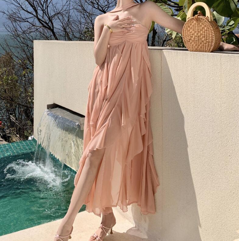 レディース パーティードレス ワンピース イブニングドレス オフショルダー ノースリーブ シフォン 首掛け セクシー 演奏会 披露宴 バックレス 