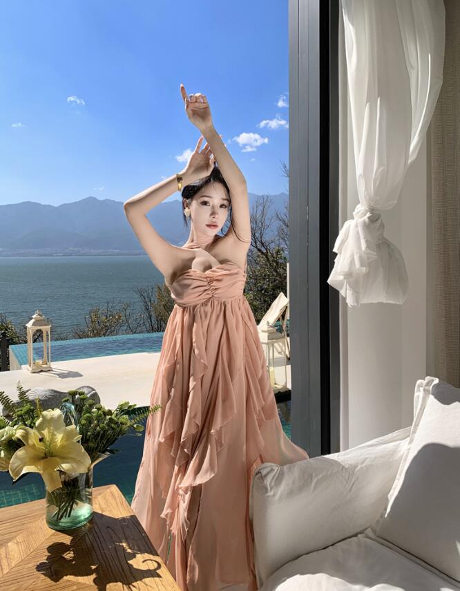 レディース パーティードレス ワンピース イブニングドレス オフショルダー ノースリーブ シフォン 首掛け セクシー 演奏会 披露宴 バックレス 