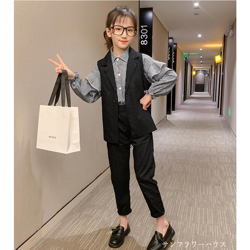 入学式 パンツスーツ 女の子 チェック 柄 フォーマルスーツ パンツ 発表会 160 3点セット 110 キッズ ベスト 韓国 卒業式 子供服 子供スーツ ブラウス ピアノ 