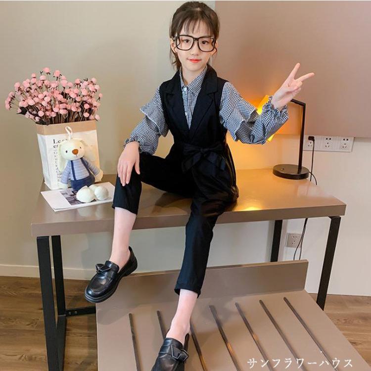 入学式 パンツスーツ 女の子 チェック 柄 フォーマルスーツ パンツ 発表会 160 3点セット 110 キッズ ベスト 韓国 卒業式 子供服 子供スーツ ブラウス ピアノ 