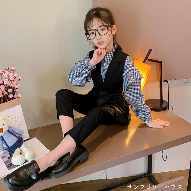 入学式 パンツスーツ 女の子 チェック 柄 フォーマルスーツ パンツ 発表会 160 3点セット 110 キッズ ベスト 韓国 卒業式 子供服 子供スーツ ブラウス ピアノ 