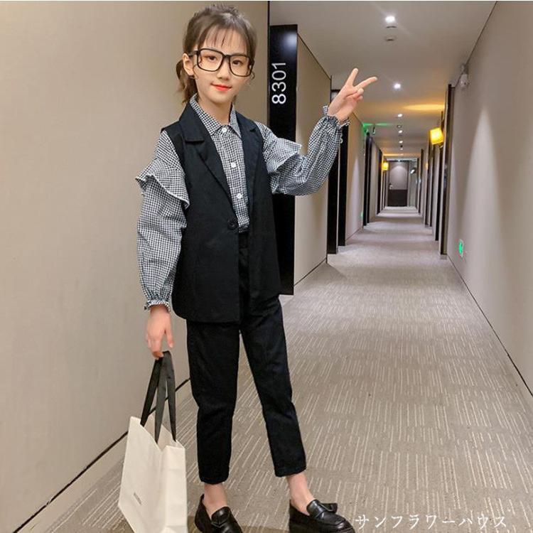 入学式 パンツスーツ 女の子 チェック 柄 フォーマルスーツ パンツ 発表会 160 3点セット 110 キッズ ベスト 韓国 卒業式 子供服 子供スーツ ブラウス ピアノ 