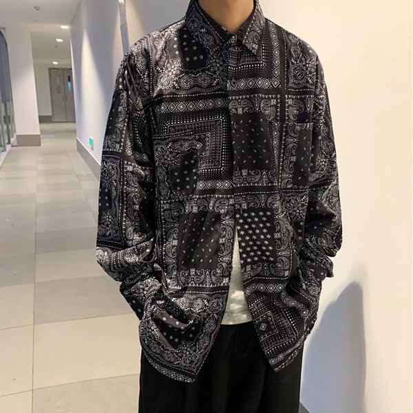 あり 柄シャツ ペイズリー柄 バンダナ柄 長袖 黒 衣装 個性的 春服秋服 ダンス トップス ヒップホップ 韓国ファッション シャツ ブラック 大きいサイズ 