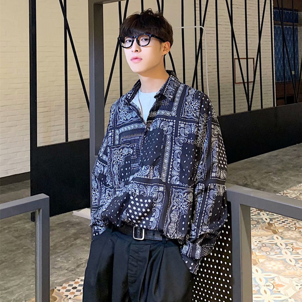 あり 柄シャツ ペイズリー柄 バンダナ柄 長袖 黒 衣装 個性的 春服秋服 ダンス トップス ヒップホップ 韓国ファッション シャツ ブラック 大きいサイズ 