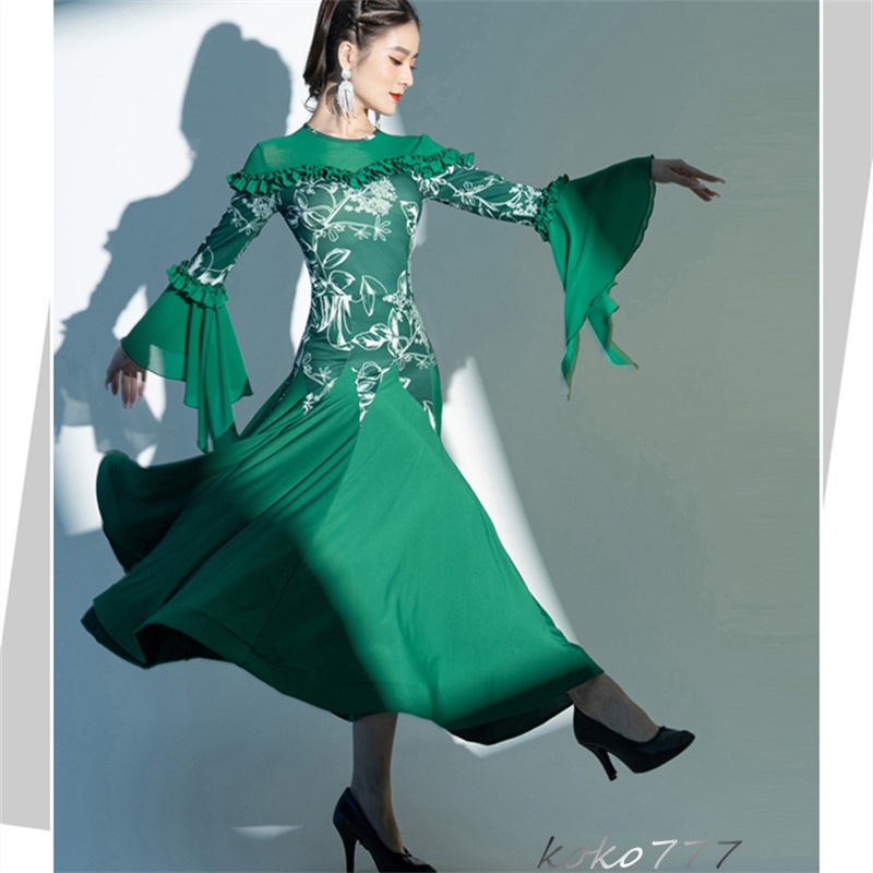 ロングドレス レディース ワンピース ラテンダンス カラードレス パーティー 発表会 公演 洋服 コスチューム ワルツ ナショナルダンス 舞台衣装 モダンダンス 