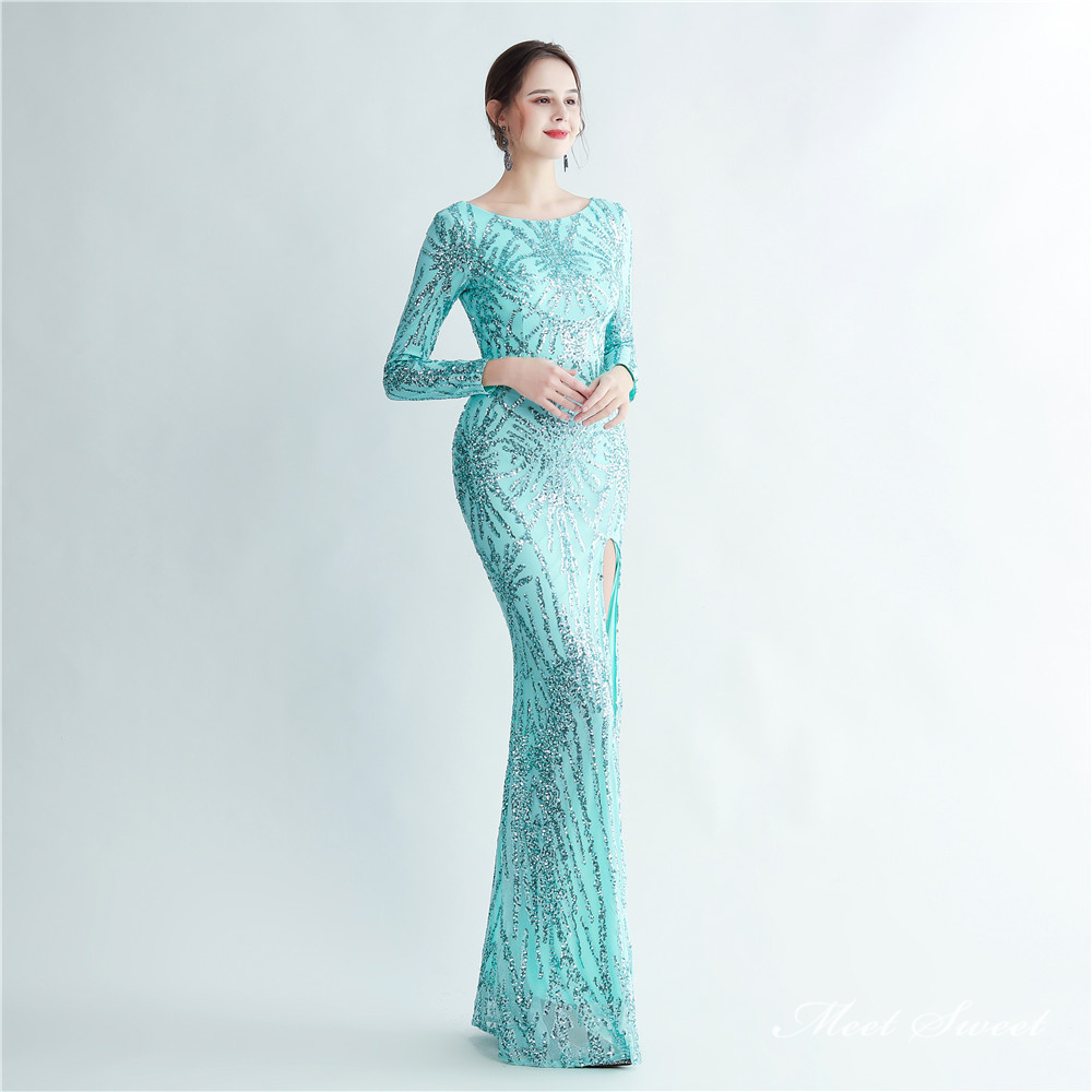 カラードレス マーメイドドレス パーティードレス ラウンドネック 長袖 スリット スレンダードレス 演奏会 ファスナー 発表会 イブニングドレス 結婚式 二次会 