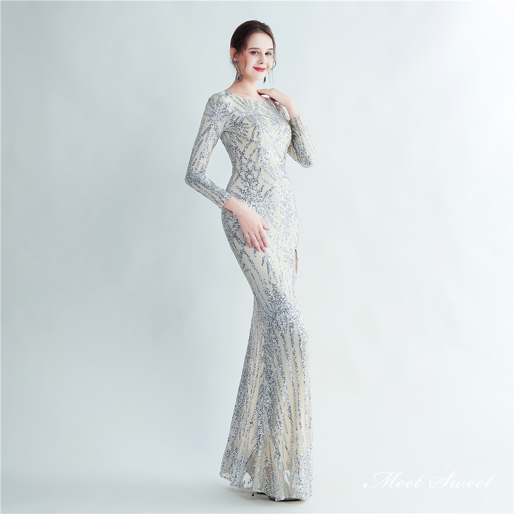 カラードレス マーメイドドレス パーティードレス ラウンドネック 長袖 スリット スレンダードレス 演奏会 ファスナー 発表会 イブニングドレス 結婚式 二次会 