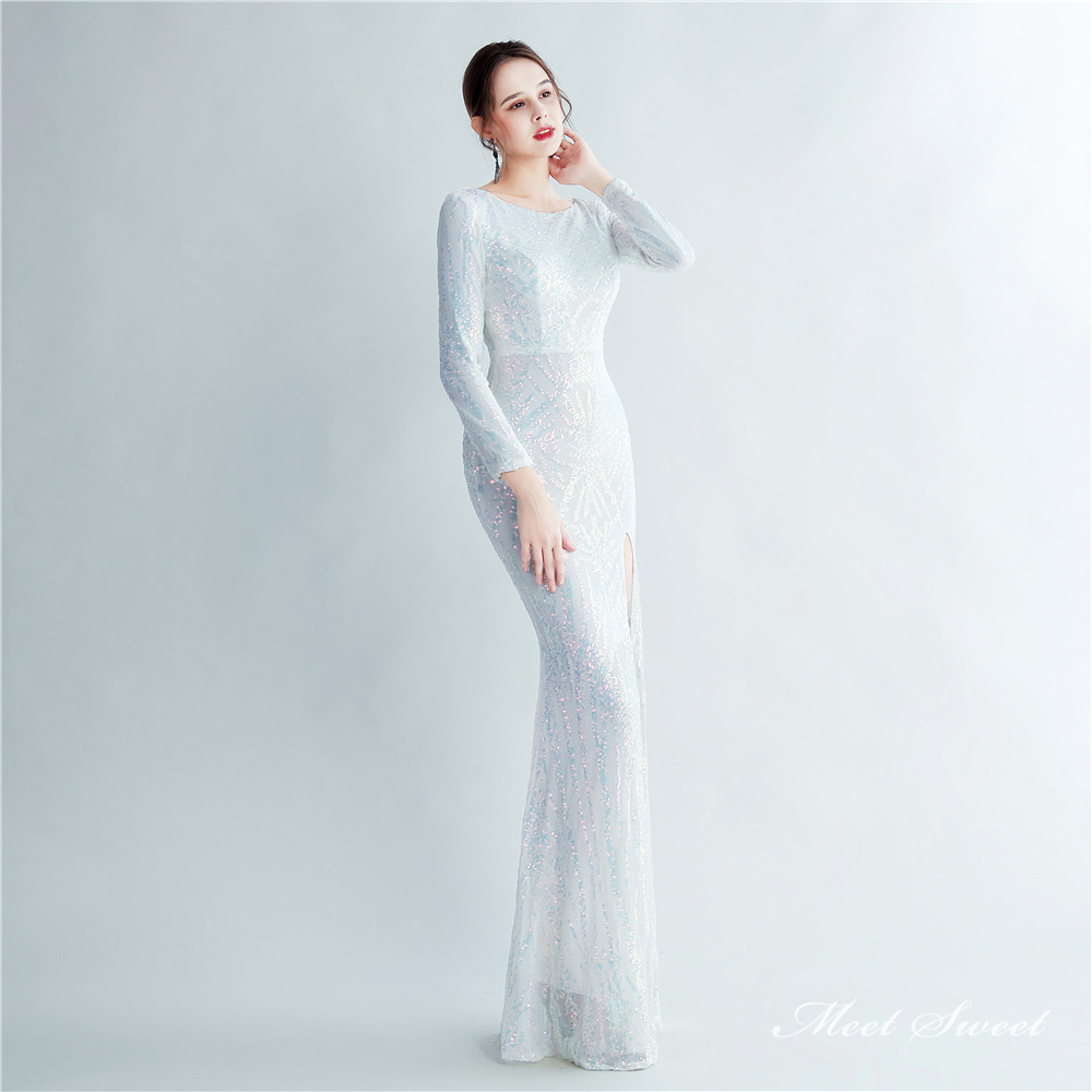 カラードレス マーメイドドレス パーティードレス ラウンドネック 長袖 スリット スレンダードレス 演奏会 ファスナー 発表会 イブニングドレス 結婚式 二次会 