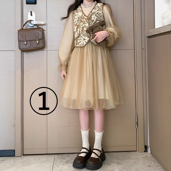 小学生 女の子 ベスト付き ワンピース ドレス 2点セット 長袖 フォーマル 可愛い カジュアル きれいめ ガー発表会 春秋 ワンピース 韓国 