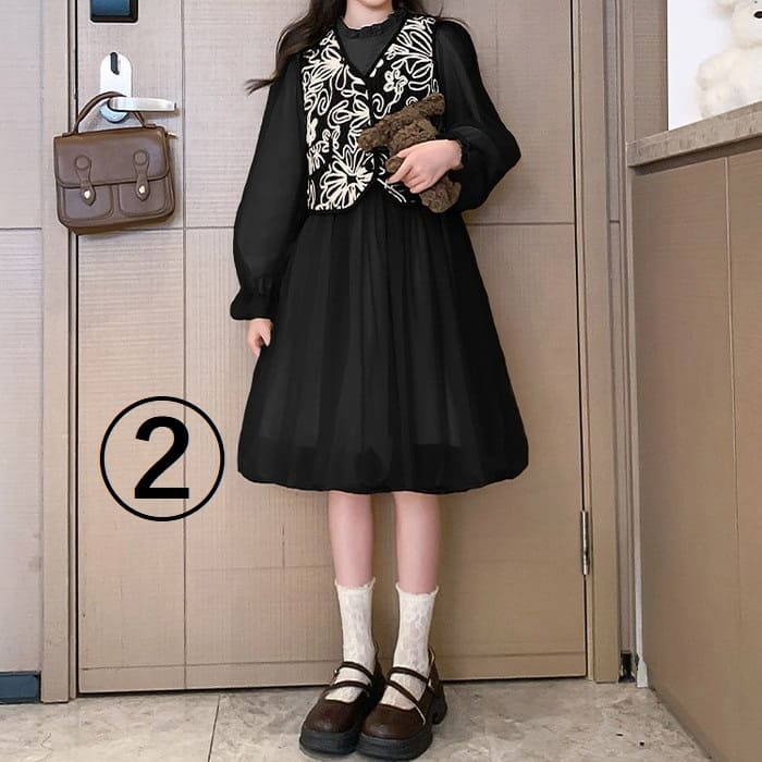 小学生 女の子 ベスト付き ワンピース ドレス 2点セット 長袖 フォーマル 可愛い カジュアル きれいめ ガー発表会 春秋 ワンピース 韓国 