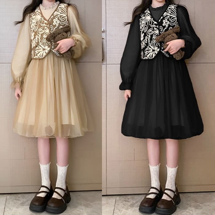 小学生 女の子 ベスト付き ワンピース ドレス 2点セット 長袖 フォーマル 可愛い カジュアル きれいめ ガー発表会 春秋 ワンピース 韓国 