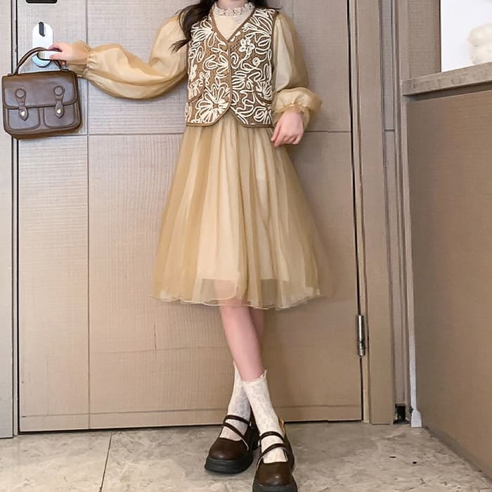 小学生 女の子 ベスト付き ワンピース ドレス 2点セット 長袖 フォーマル 可愛い カジュアル きれいめ ガー発表会 春秋 ワンピース 韓国 