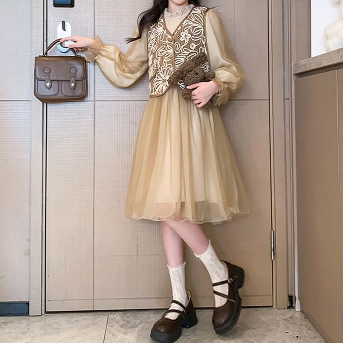 小学生 女の子 ベスト付き ワンピース ドレス 2点セット 長袖 フォーマル 可愛い カジュアル きれいめ ガー発表会 春秋 ワンピース 韓国 