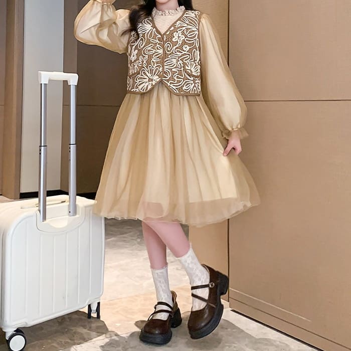 小学生 女の子 ベスト付き ワンピース ドレス 2点セット 長袖 フォーマル 可愛い カジュアル きれいめ ガー発表会 春秋 ワンピース 韓国 