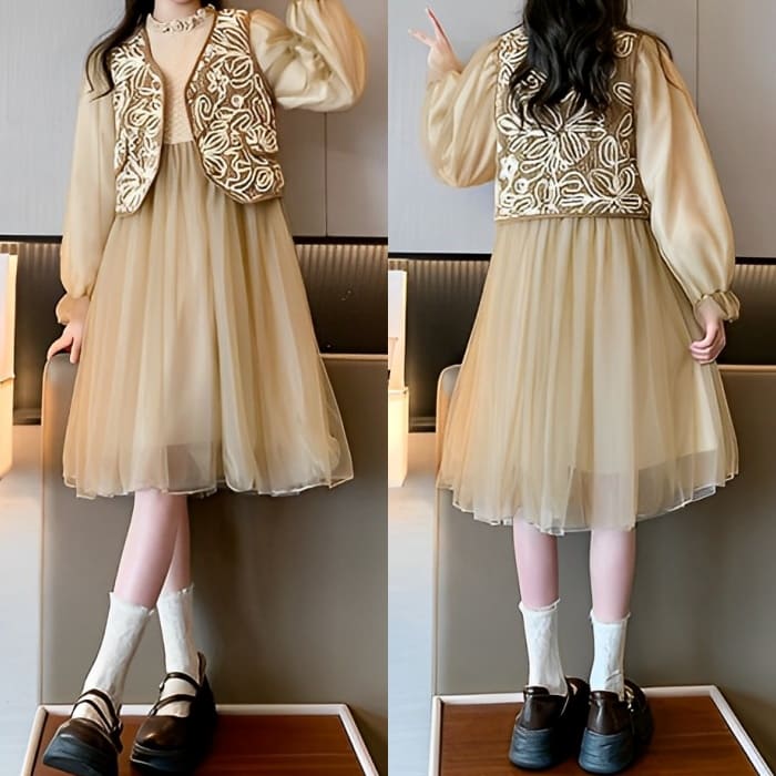 小学生 女の子 ベスト付き ワンピース ドレス 2点セット 長袖 フォーマル 可愛い カジュアル きれいめ ガー発表会 春秋 ワンピース 韓国 