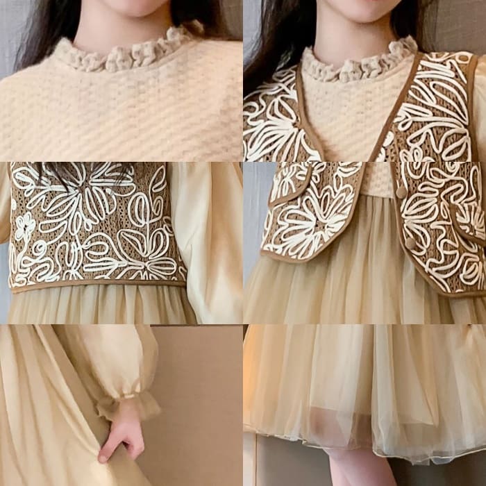 小学生 女の子 ベスト付き ワンピース ドレス 2点セット 長袖 フォーマル 可愛い カジュアル きれいめ ガー発表会 春秋 ワンピース 韓国 