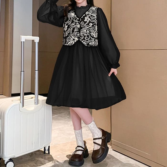 小学生 女の子 ベスト付き ワンピース ドレス 2点セット 長袖 フォーマル 可愛い カジュアル きれいめ ガー発表会 春秋 ワンピース 韓国 