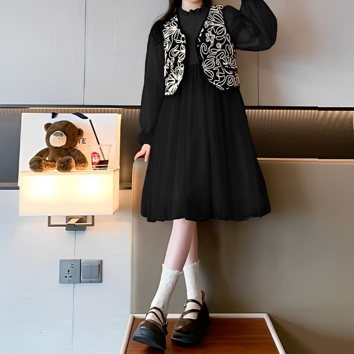 小学生 女の子 ベスト付き ワンピース ドレス 2点セット 長袖 フォーマル 可愛い カジュアル きれいめ ガー発表会 春秋 ワンピース 韓国 