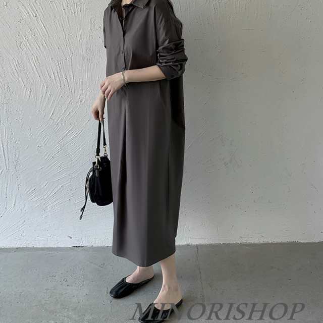 春新作 ワンピース シャツワンピース スタンドカラーマキシ丈長袖シャツワンピース  