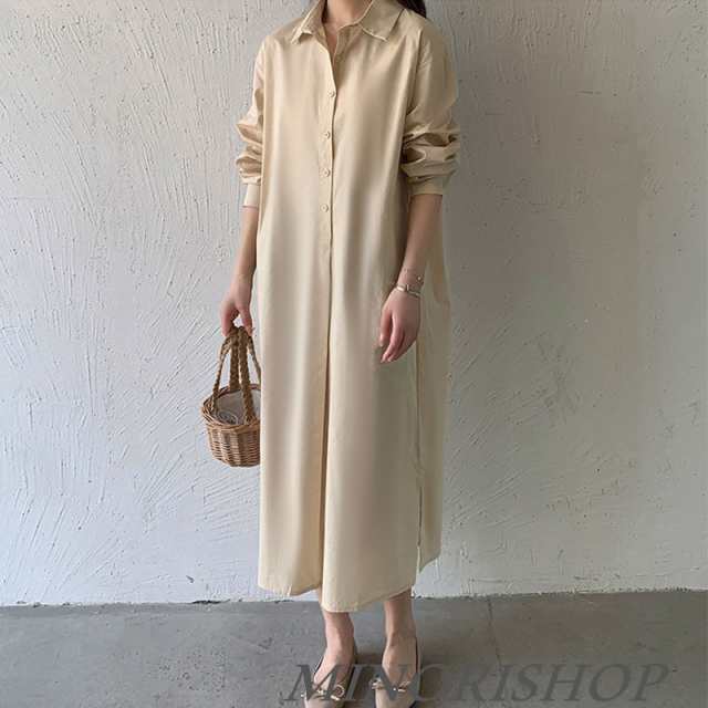 春新作 ワンピース シャツワンピース スタンドカラーマキシ丈長袖シャツワンピース  