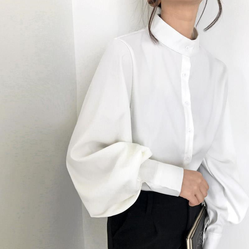 ブラウス レディース 長袖 シャツ ボリューム袖 トップス きれいめ ショート丈 ゆったり 前開き 大きいサイズ 通勤 立ち襟 おしゃれ 