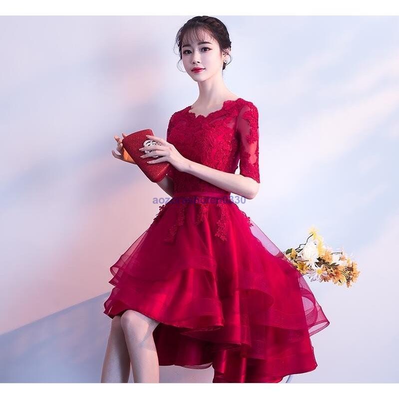 前短後長 レッドウエディングドレス 結婚式 2次会 花嫁 二次会ドレス エンパイア 格安 ミニドレス ウェディングドレス ショートドレス フォーマルドレス 