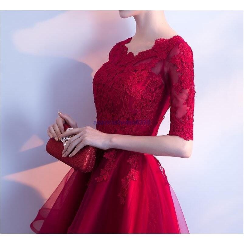 前短後長 レッドウエディングドレス 結婚式 2次会 花嫁 二次会ドレス エンパイア 格安 ミニドレス ウェディングドレス ショートドレス フォーマルドレス 