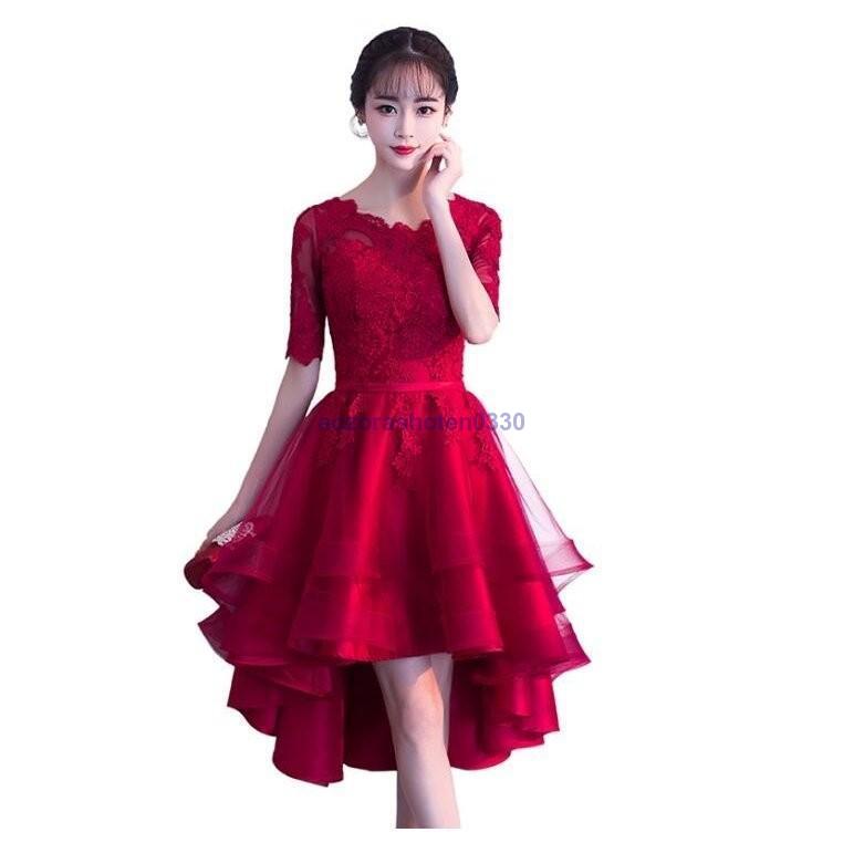 前短後長 レッドウエディングドレス 結婚式 2次会 花嫁 二次会ドレス エンパイア 格安 ミニドレス ウェディングドレス ショートドレス フォーマルドレス 