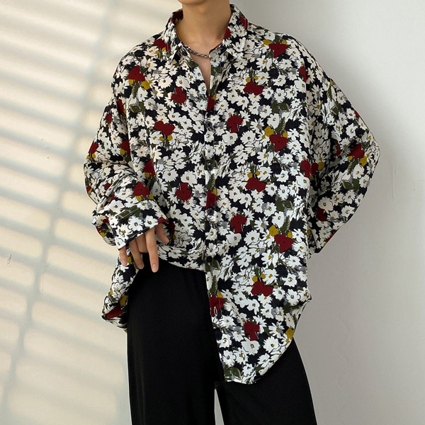 あり 柄シャツ 花柄 長袖シャツ レトロ フラワー柄 ボタニカル柄 大きいサイズ ダンス 韓国ファッション ブラック 黒 衣装 トップス 春服秋服 シャツ 