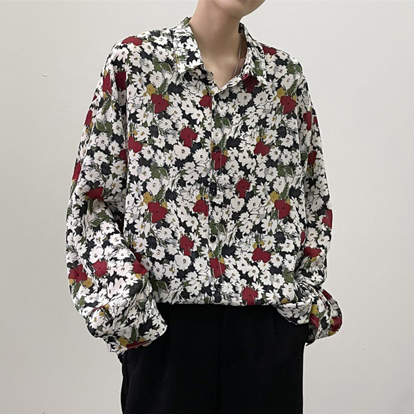あり 柄シャツ 花柄 長袖シャツ レトロ フラワー柄 ボタニカル柄 大きいサイズ ダンス 韓国ファッション ブラック 黒 衣装 トップス 春服秋服 シャツ 