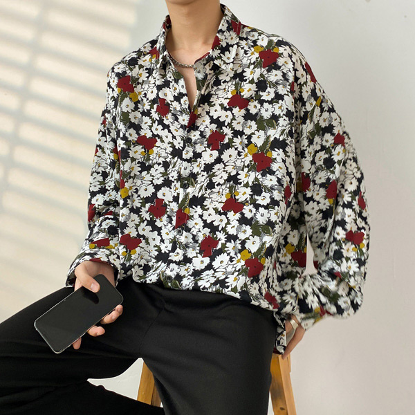 あり 柄シャツ 花柄 長袖シャツ レトロ フラワー柄 ボタニカル柄 大きいサイズ ダンス 韓国ファッション ブラック 黒 衣装 トップス 春服秋服 シャツ 