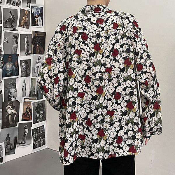 あり 柄シャツ 花柄 長袖シャツ レトロ フラワー柄 ボタニカル柄 大きいサイズ ダンス 韓国ファッション ブラック 黒 衣装 トップス 春服秋服 シャツ 